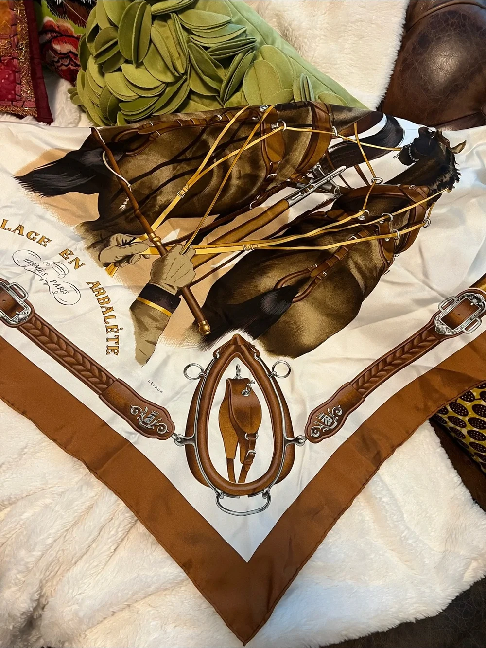Hermes Brown and Cream Horse-Drawn Carriage Silk Scarf